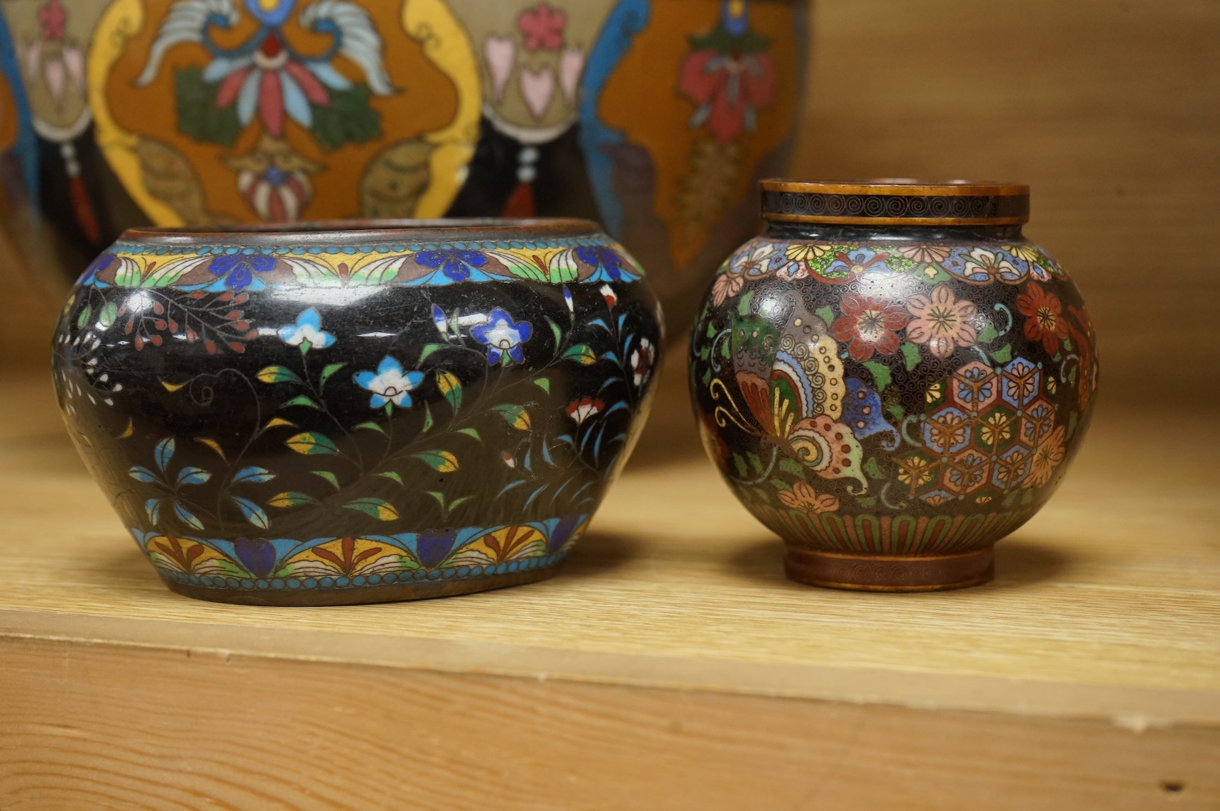 A large Japanese cloisonné enamel globular Koro and Cover, and three other pieces of cloisonné enamel, largest 211cm high